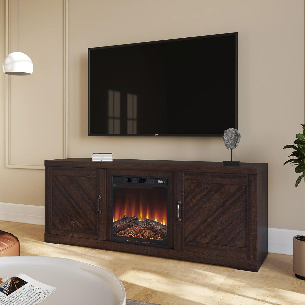 Farmhouse Electric Fireplace TV Stand with Storage Cabinets T336