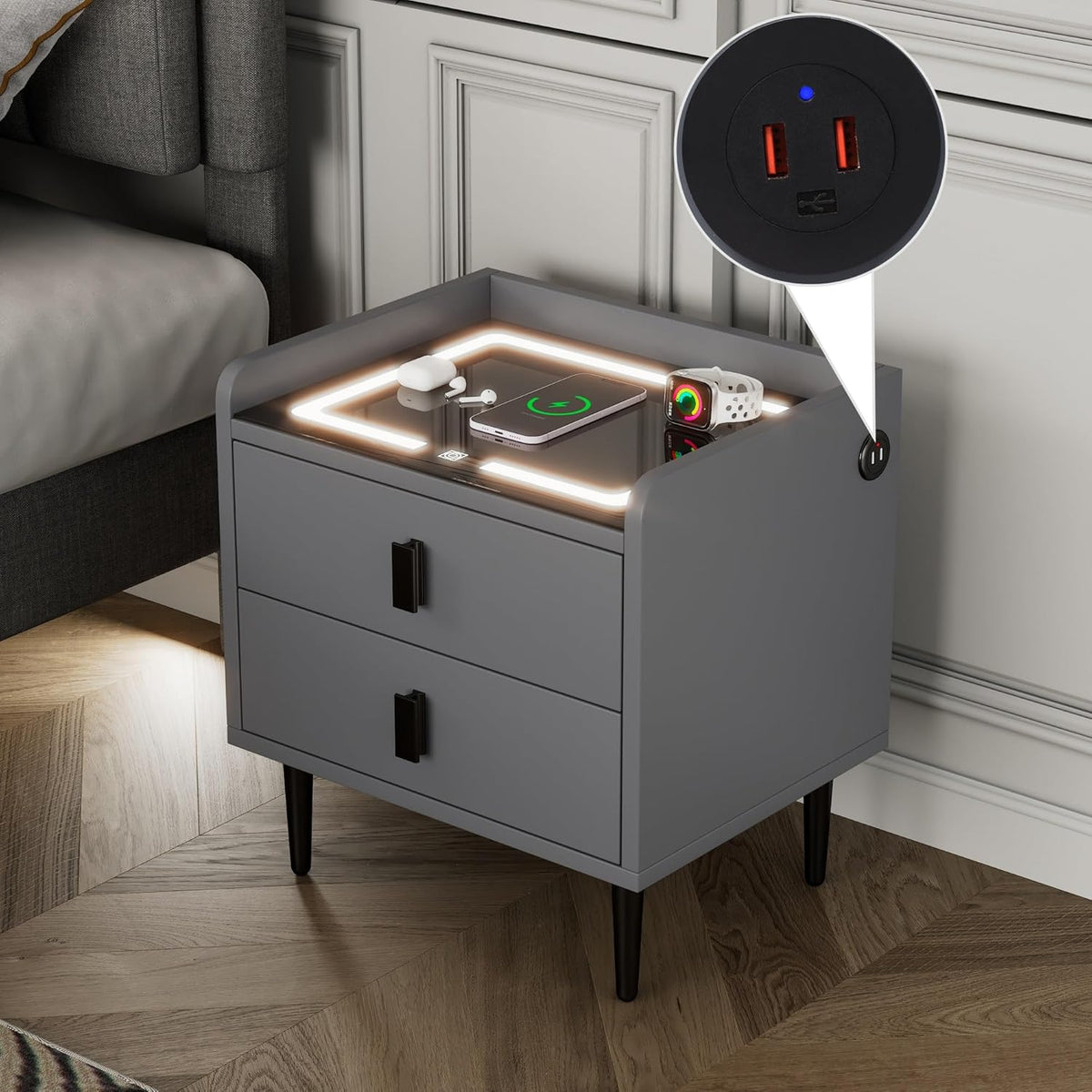 1 Pack Nightstand with Wireless Charging Station and LED Lights Grey Z3765