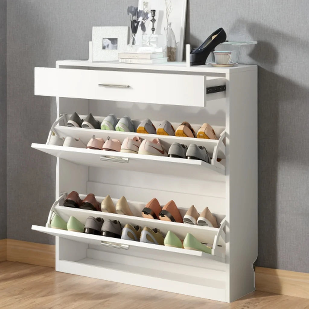 Slim Entryway Organizer with 2 Flip Drawers, Tempered Glass Top Shoe Storage Cabinet with Drawer, Free Standing Shoe Rack with LED Light (white) Z689