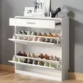 Slim Entryway Organizer with 2 Flip Drawers, Tempered Glass Top Shoe Storage Cabinet with Drawer, Free Standing Shoe Rack with LED Light (white) Z689