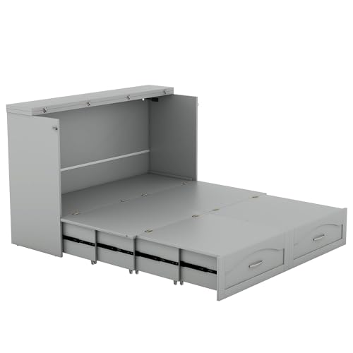 Queen Grey Solid Wood Murphy Bed with Drawer H19666