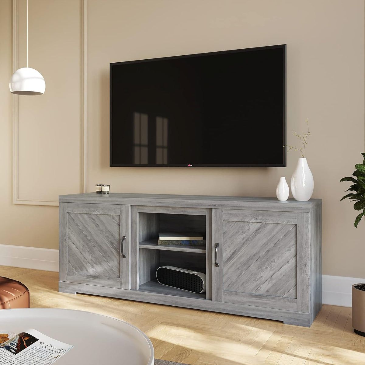 Farmhouse Electric Fireplace TV Stand with Storage Cabinets T336