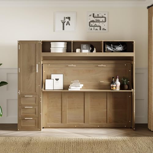 Antique Grey Full Solid Wood Murphy Bed with Wardrobe and Storage Drawers V270257