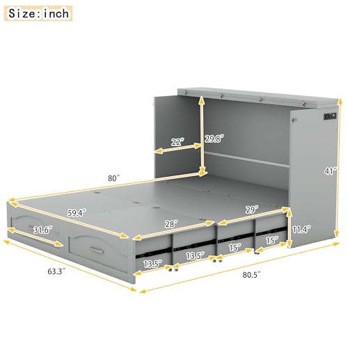 Queen Grey Solid Wood Murphy Bed with Drawer H19666