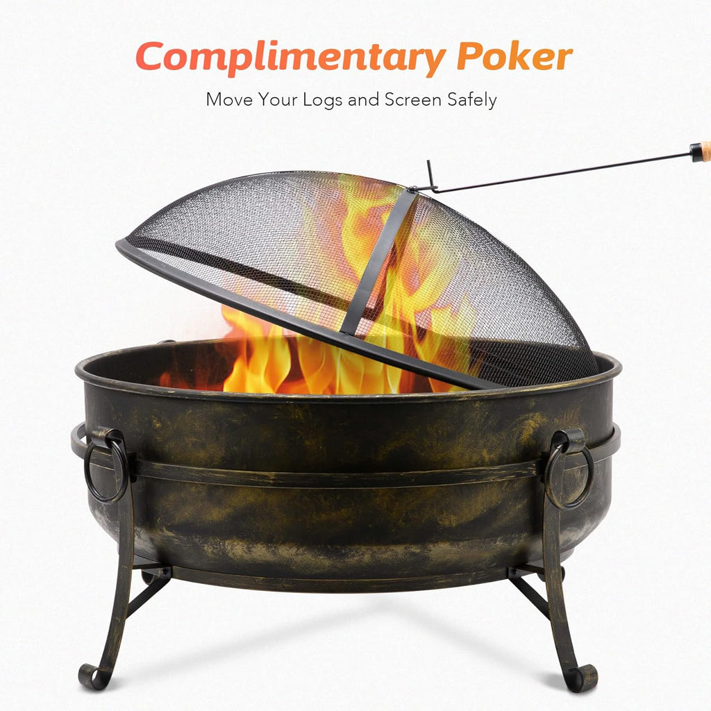 31-Inch Round Wood Burning Fire Pit with Metal Grate, Screen, Poker O71024