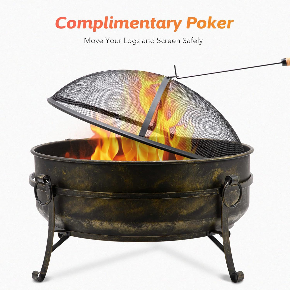 31-Inch Round Wood Burning Fire Pit with Metal Grate, Screen, Poker O71024