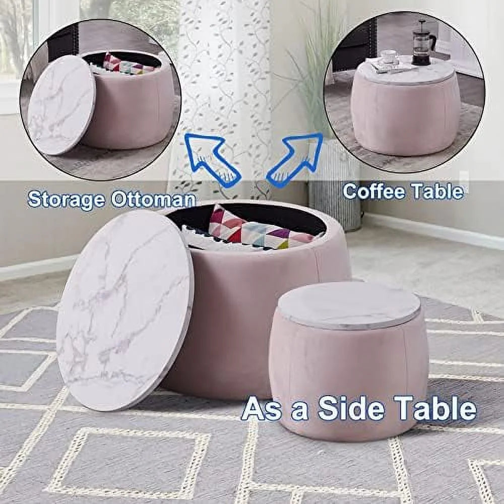 Round Ottoman Coffee Table Set of 2 with Wooden Lid Faux Marble Texture Top V536