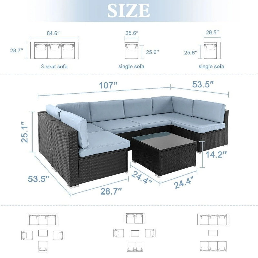 Black Wicker Rattan 7-piece Sectional Sofa Set Z187