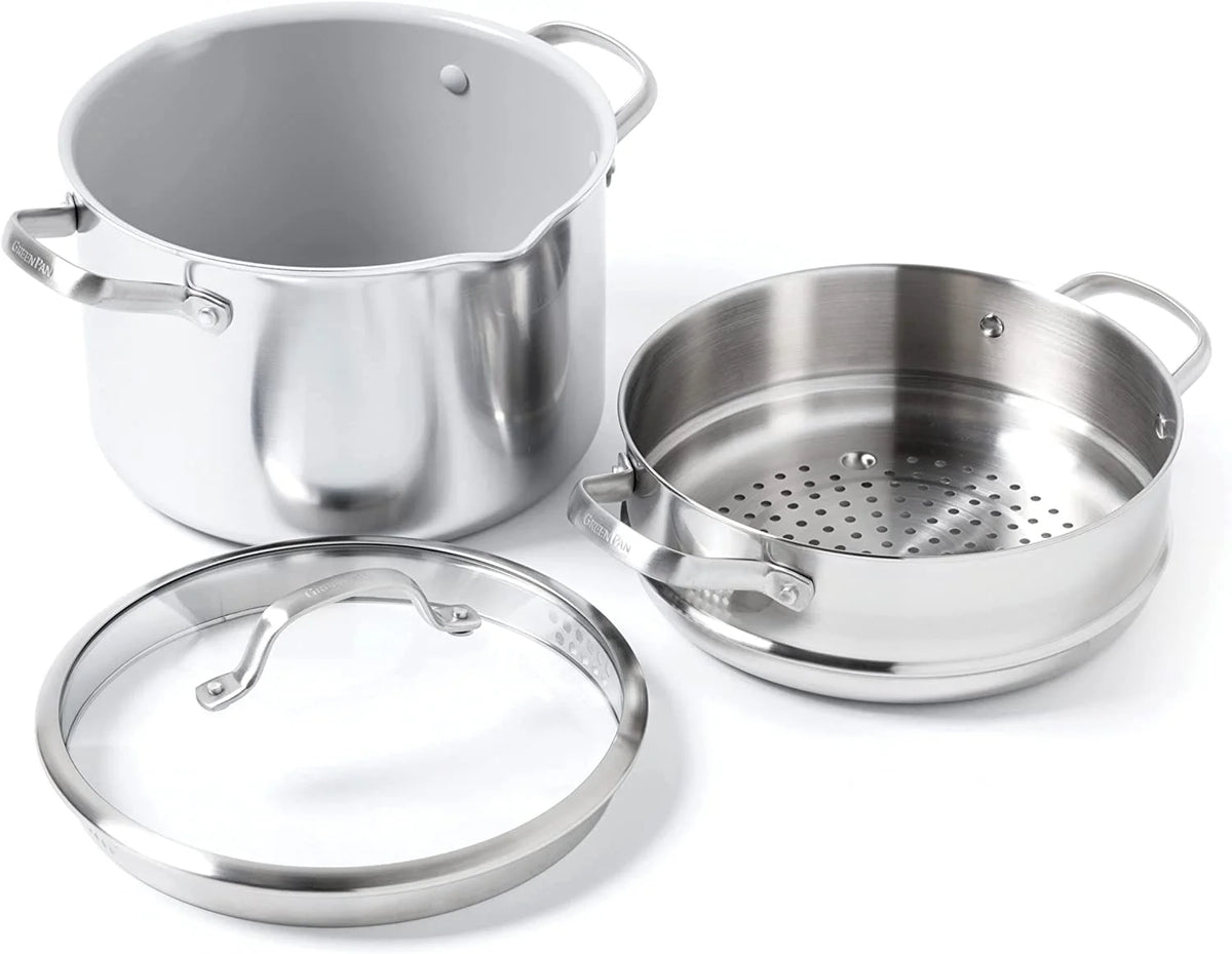 8QT Stainless Steel Nonstick Stock Pot with Strainer Lid and Steamer Q87990