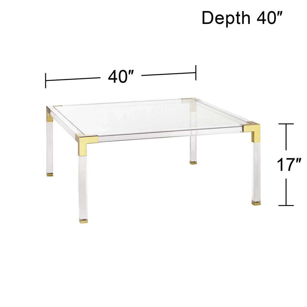 Modern Cast Acrylic Square Coffee Table 40" Wide Clear Gold Tempered Glass Tabletop G797