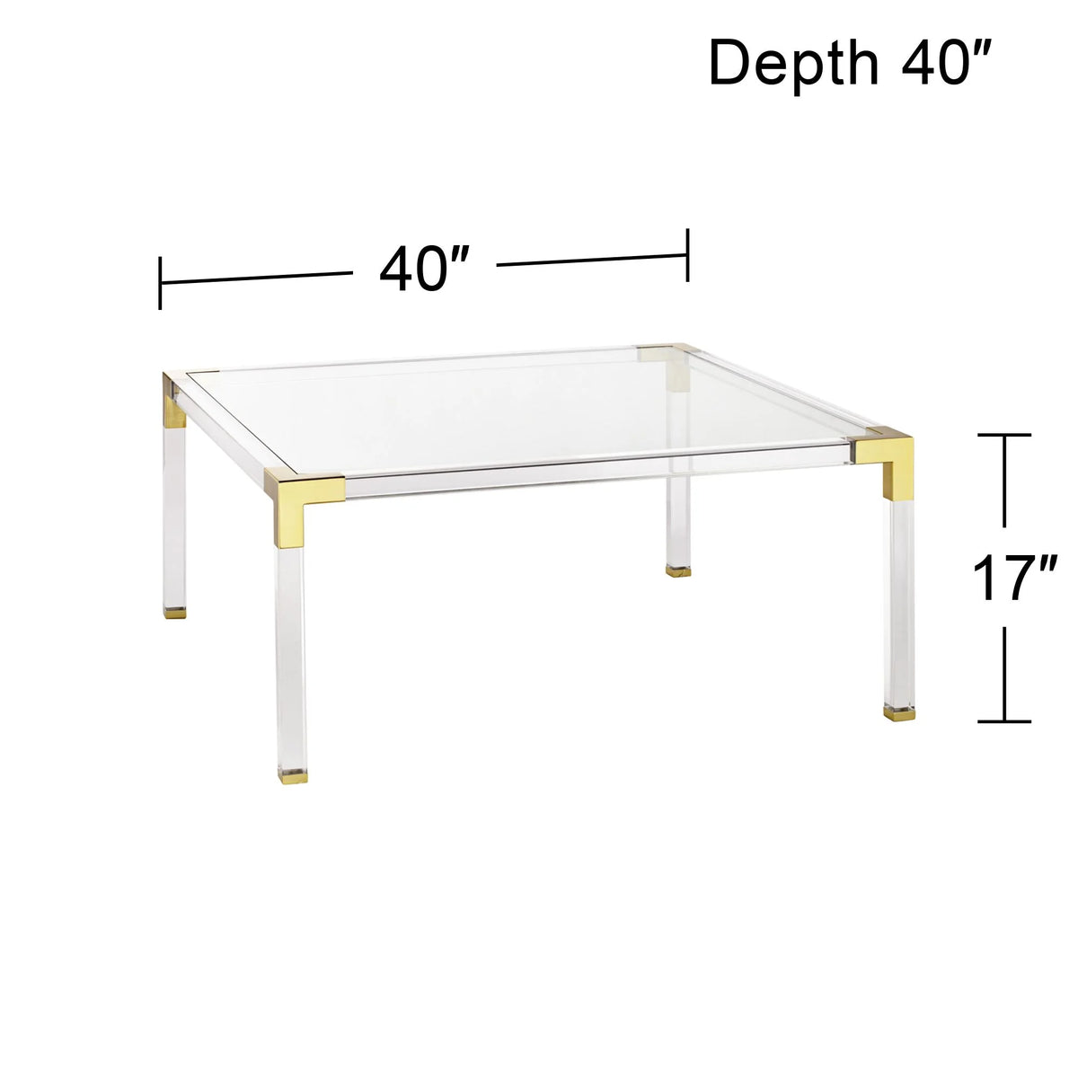 Modern Cast Acrylic Square Coffee Table 40" Wide Clear Gold Tempered Glass Tabletop G797