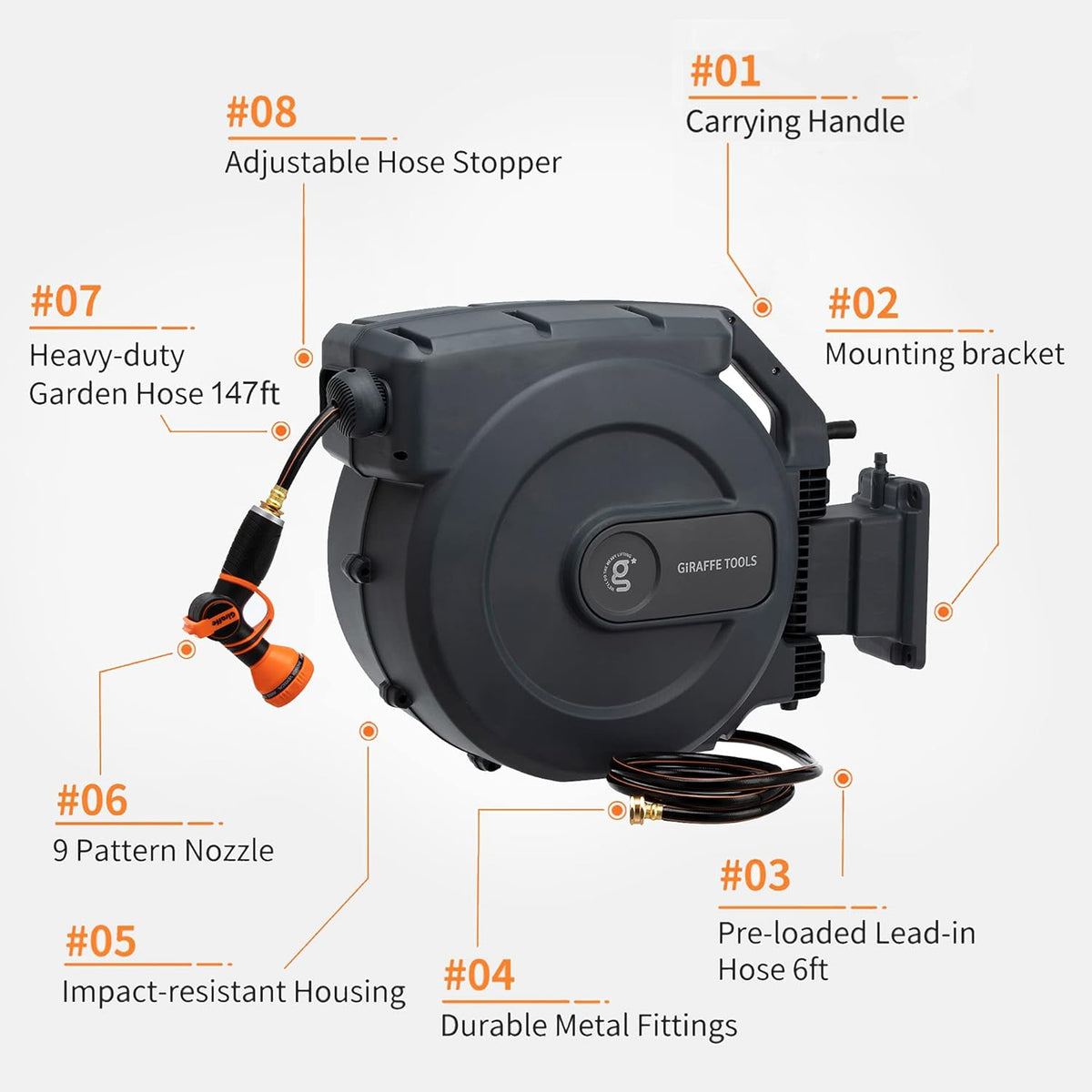 Retractable Wall Mounted Garden Hose Reel 1/2" x 147 ft with Automatic Rewind W243872