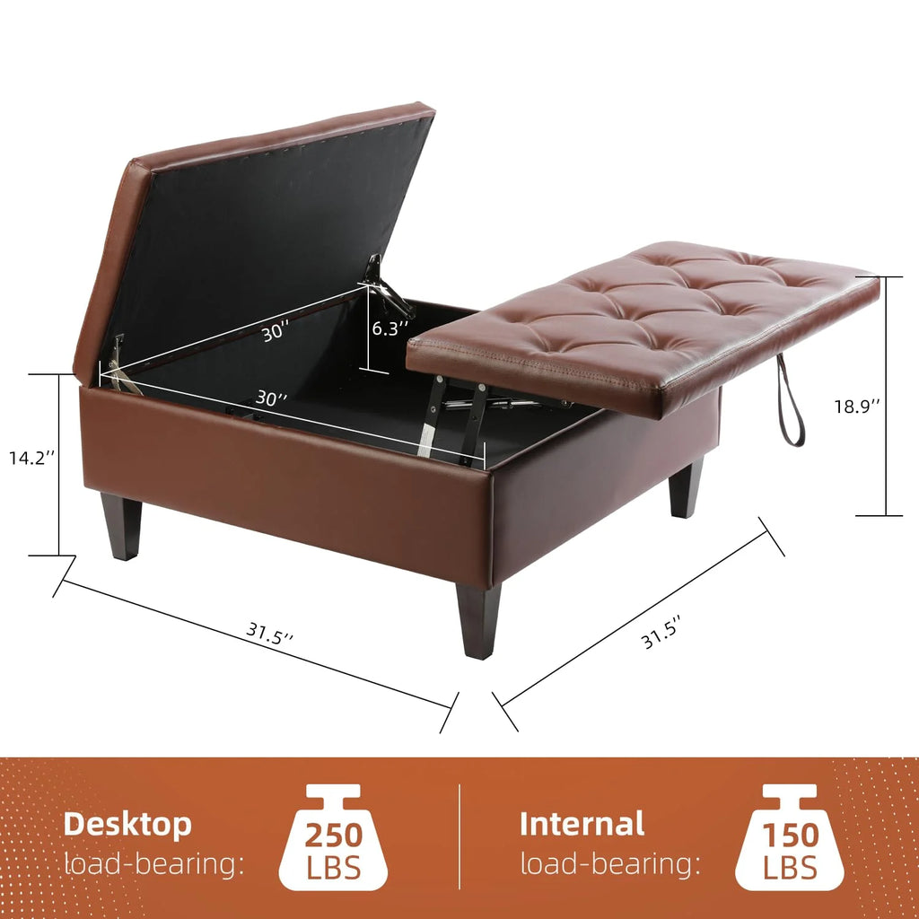 Dark Brown Faux Leather Square Storage Ottoman T256
