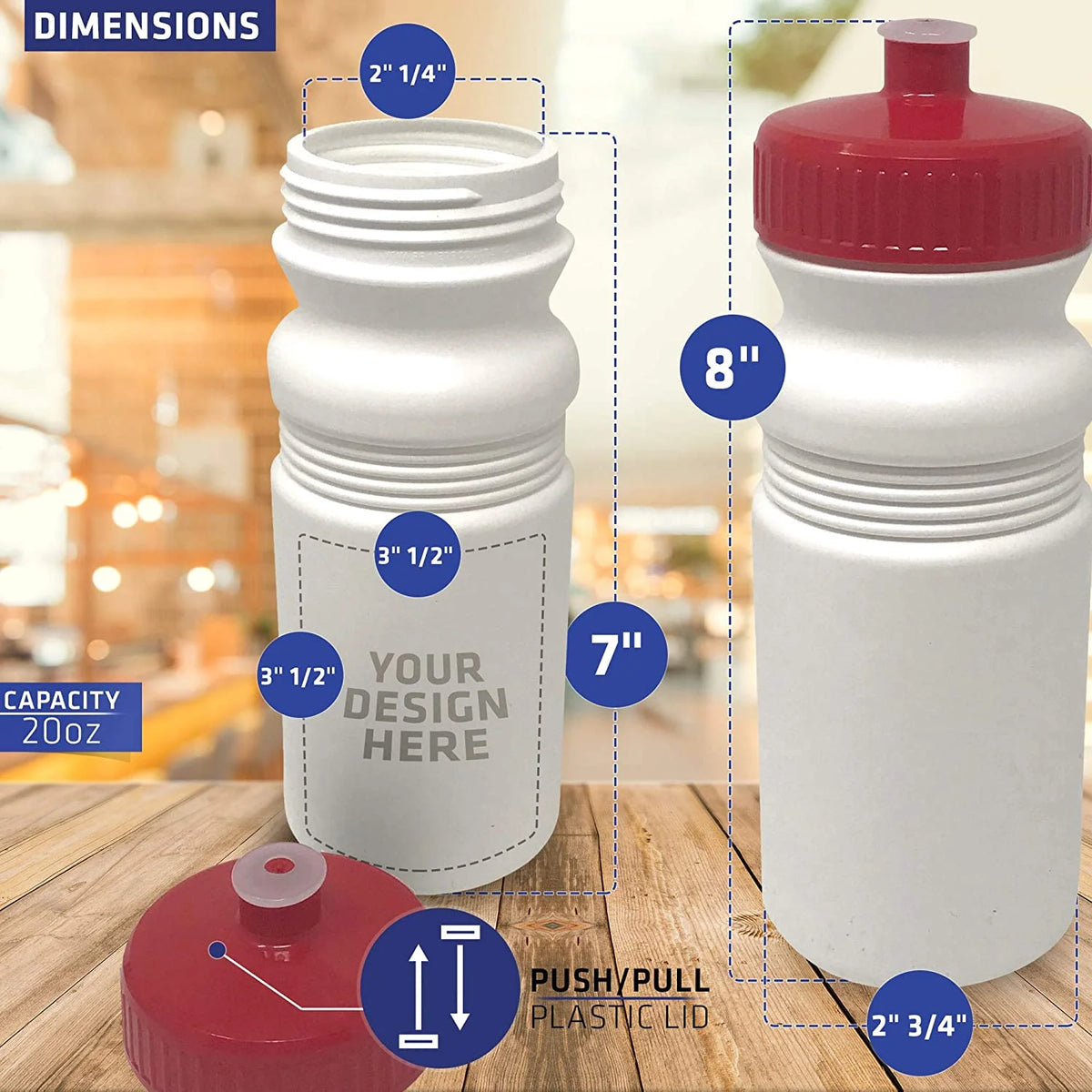 20 oz Sports Water Bottles 6 Pack Reusable No BPA Plastic Pull Top Leakproof Drink Spout White Bottle Red Lids M443