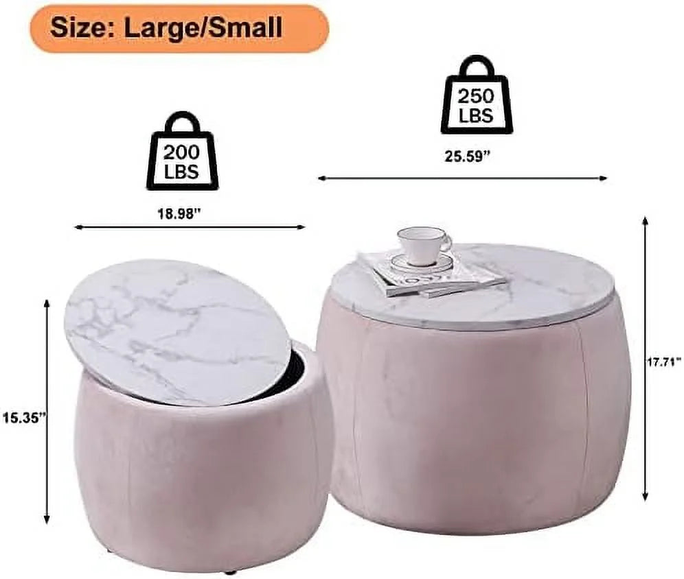 Round Ottoman Coffee Table Set of 2 with Wooden Lid Faux Marble Texture Top V536