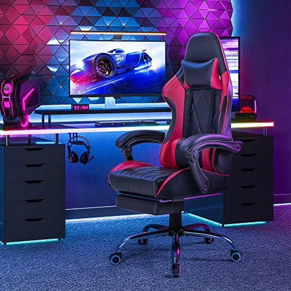 White Ergonomic Gaming Chair with Footrest and Massage Lumbar Support B1154
