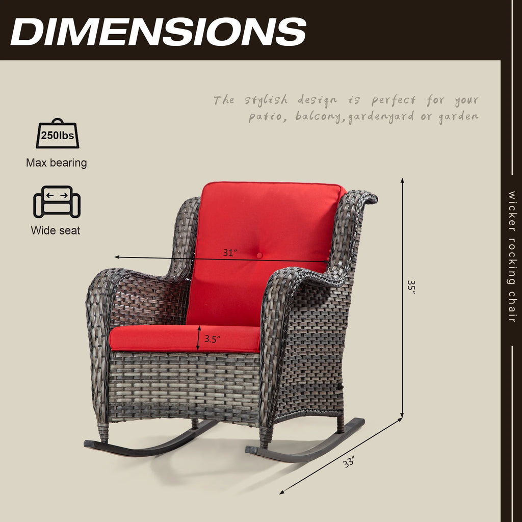 Red 8 Piece Patio Furniture Set with Sofa, Swivel Rocking Chairs, Ottomans, Side Table W3340