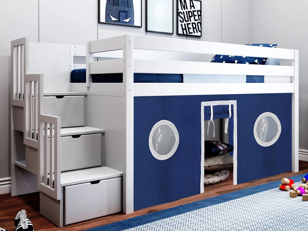Contemporary Low Loft Twin Bed with 3 Drawer Stairway E9844