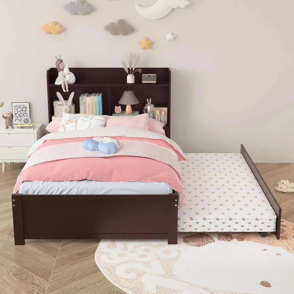 Twin Bed Frame with Trundle and Storage Bookcase P1101
