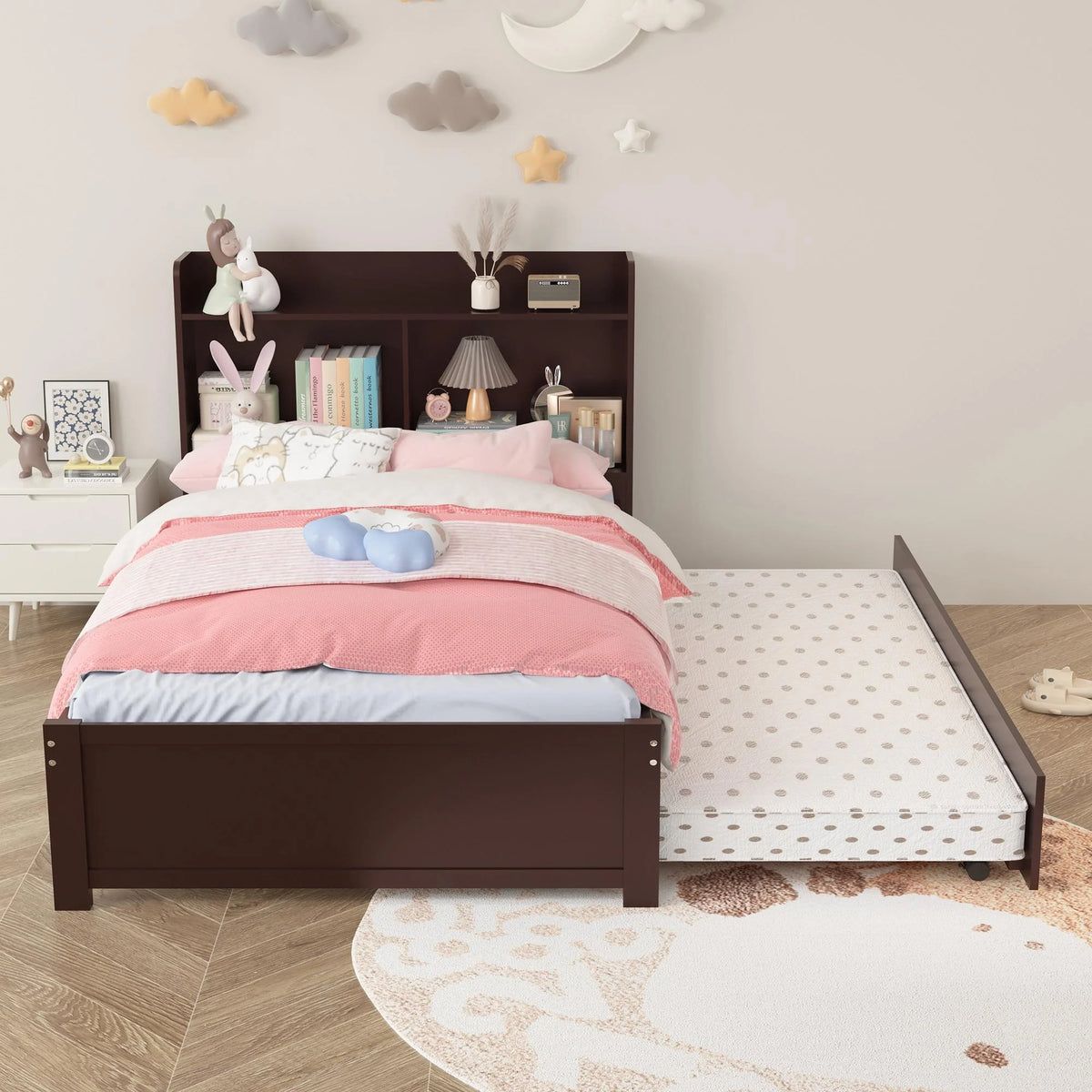 Twin Bed Frame with Trundle and Storage Bookcase P1101