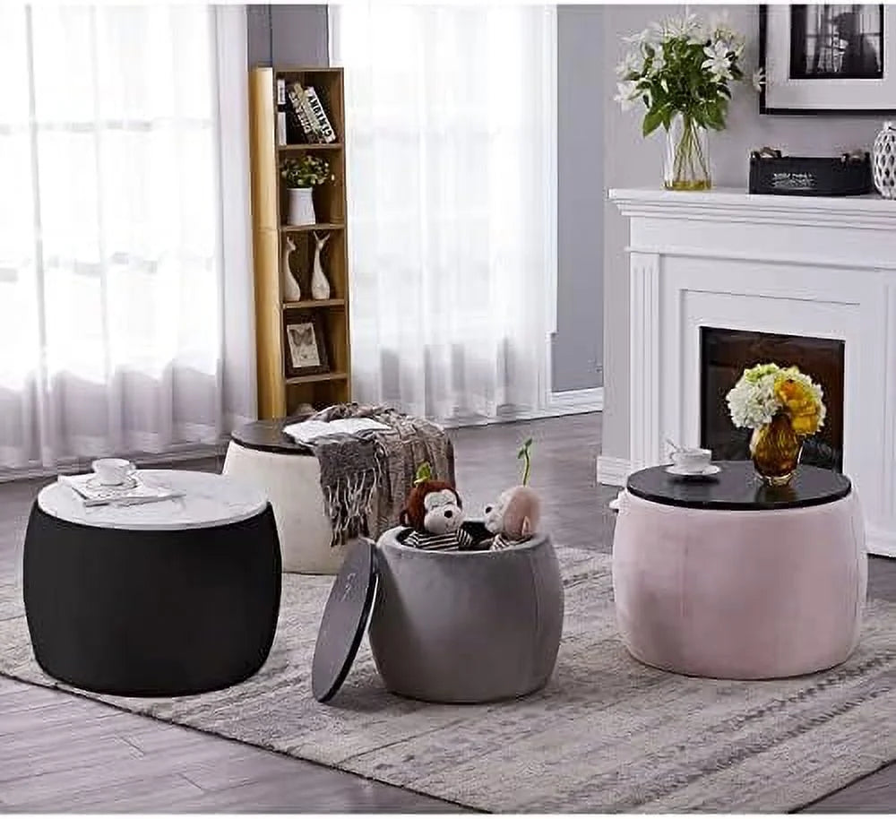 Round Ottoman Coffee Table Set of 2 with Wooden Lid Faux Marble Texture Top V536