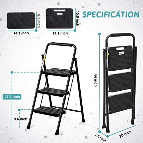 3 Step Folding Steel Step Ladder with Handgrip, 500 Lbs, Black C729