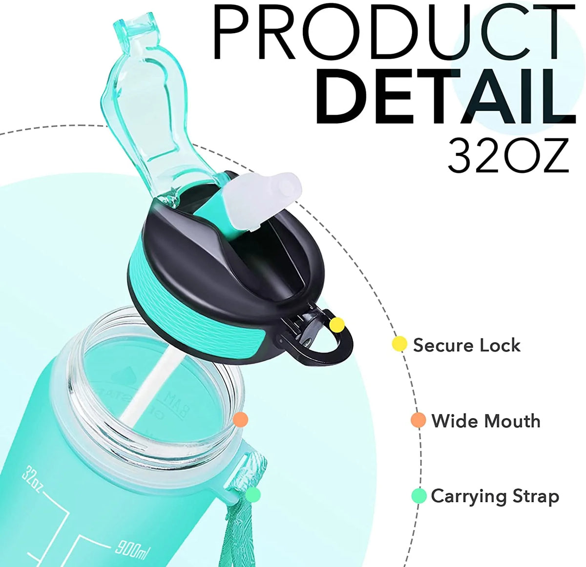 32 oz Motivational Water Bottle with Straw, Time Marker, Leakproof BPA Free J195555