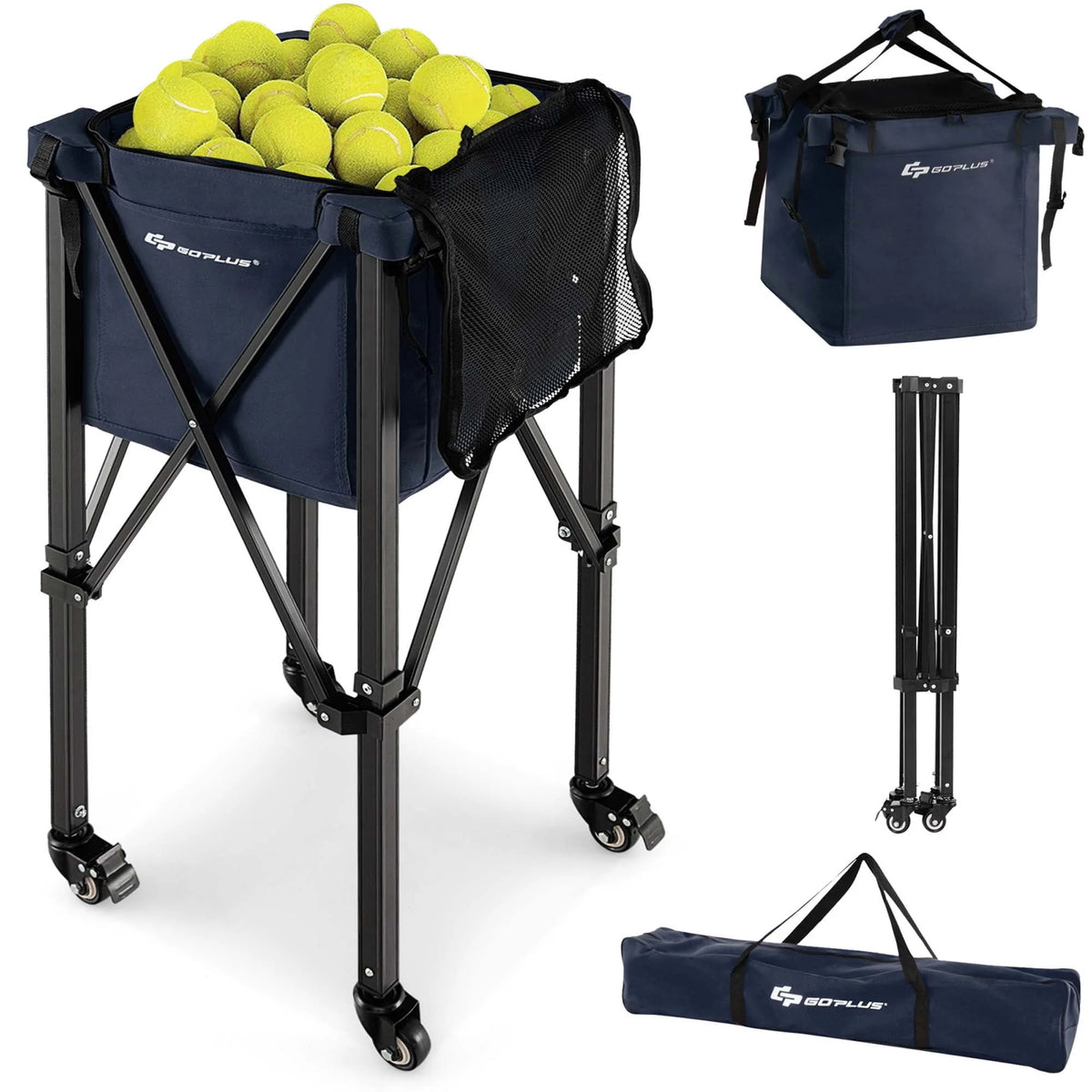 Foldable Tennis Ball Hopper Basket with Wheels & Bag Blue L3414