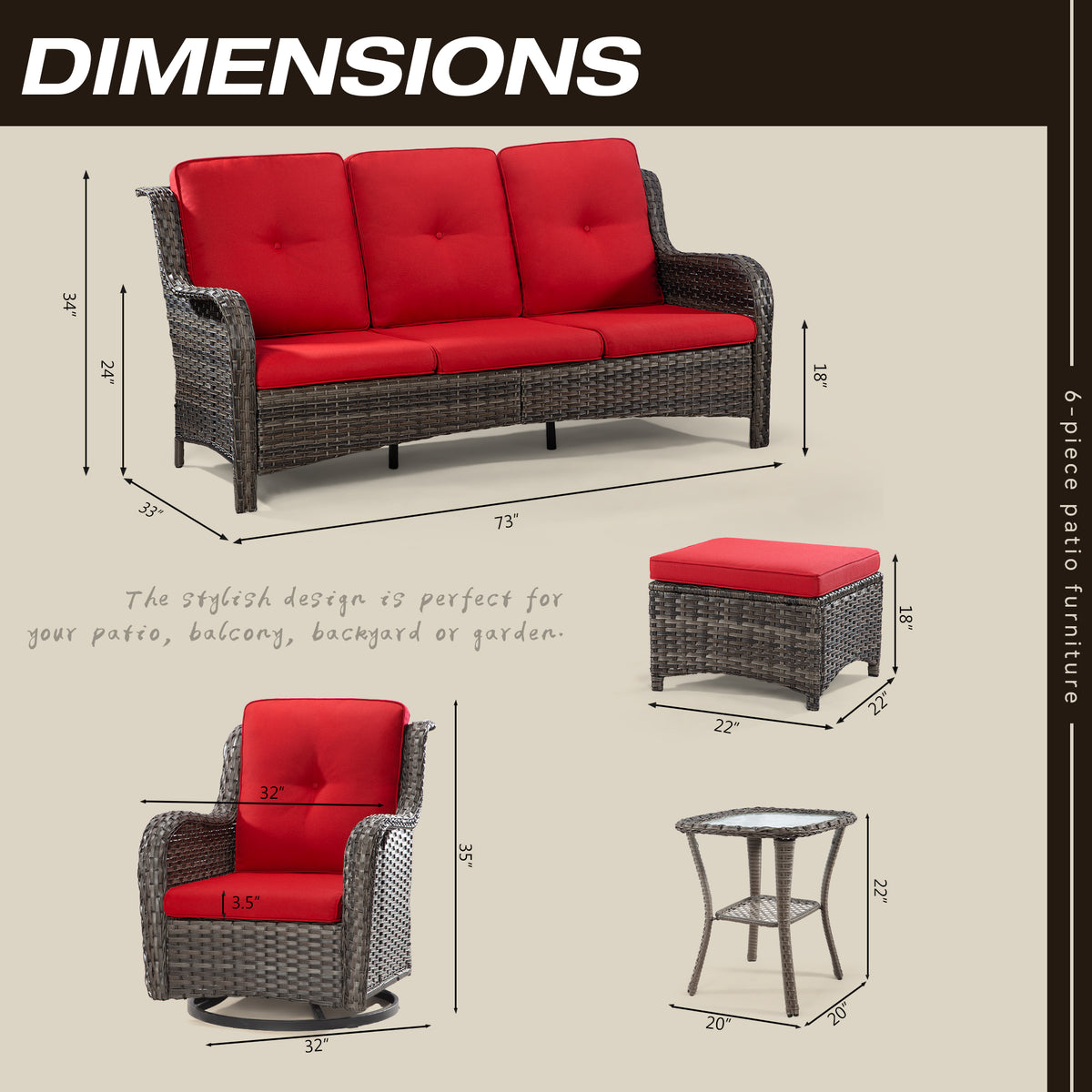 Red 8 Piece Patio Furniture Set with Sofa, Swivel Rocking Chairs, Ottomans, Side Table W3340