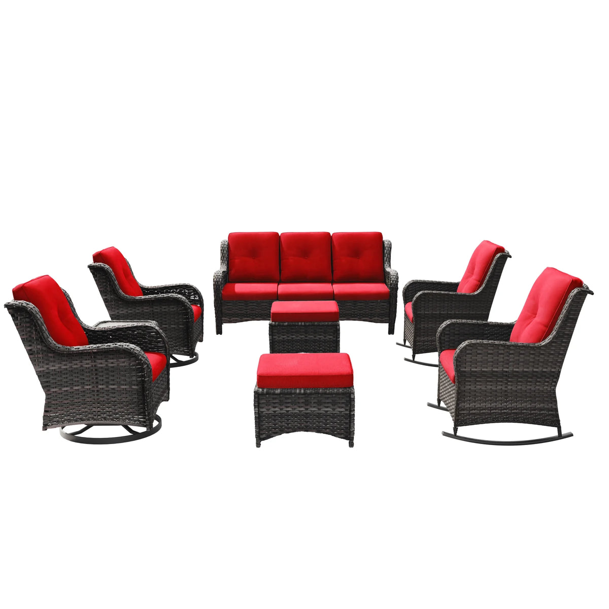Red 8 Piece Patio Furniture Set with Sofa, Swivel Rocking Chairs, Ottomans, Side Table W3340