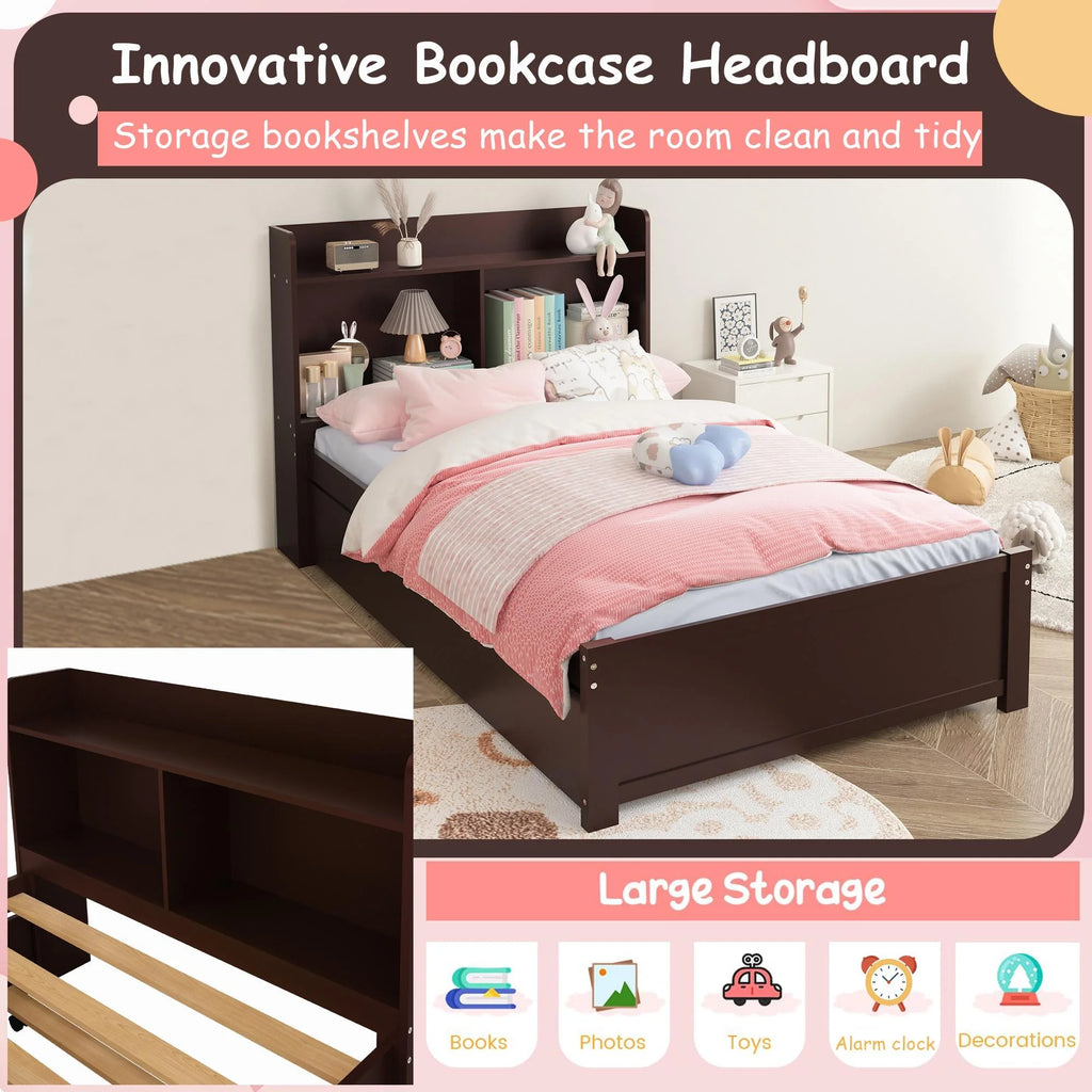 Twin Bed Frame with Trundle and Storage Bookcase P1101