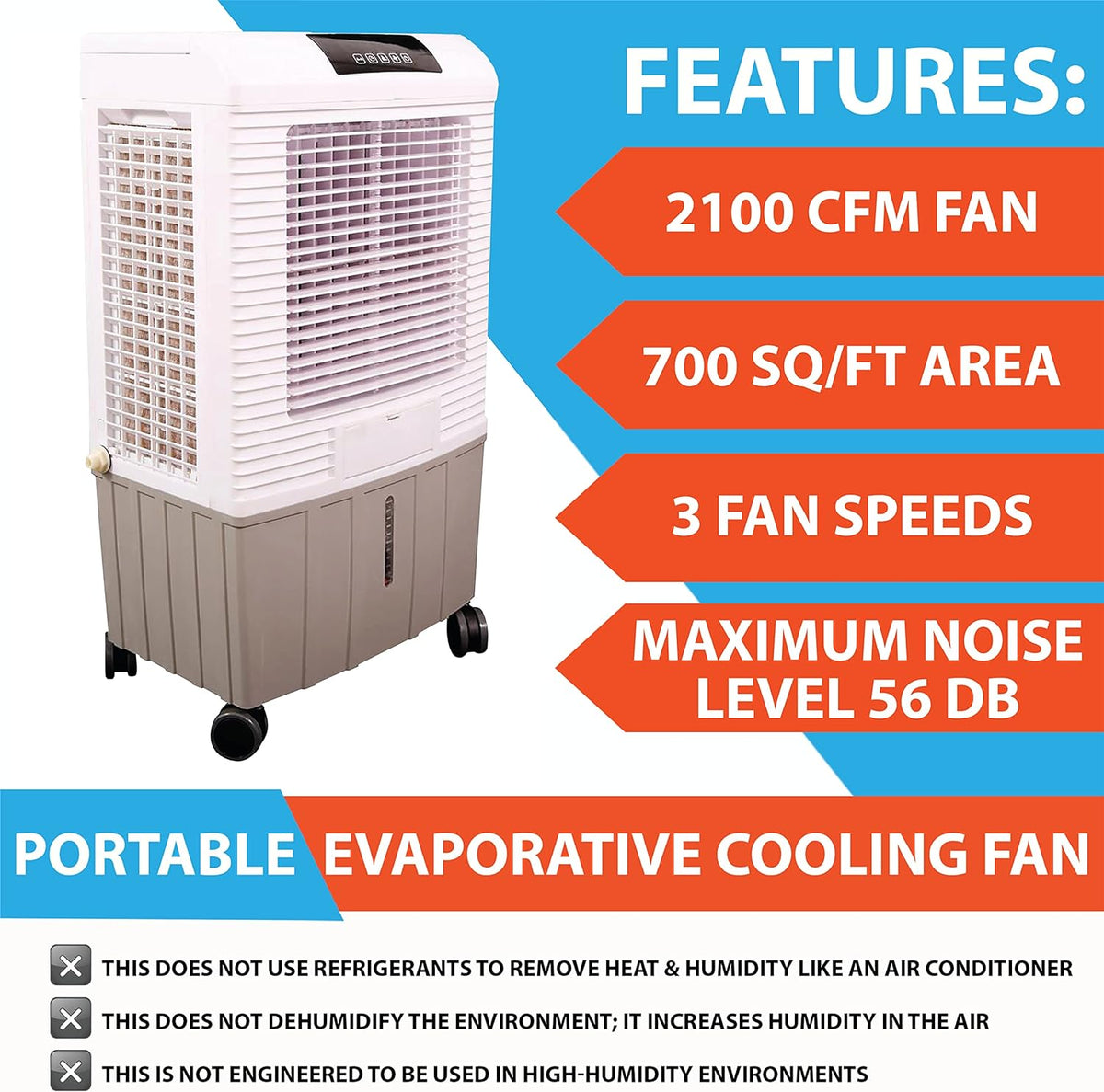 Portable Evaporative Cooler, 2100 Cubic FPM, White T22475