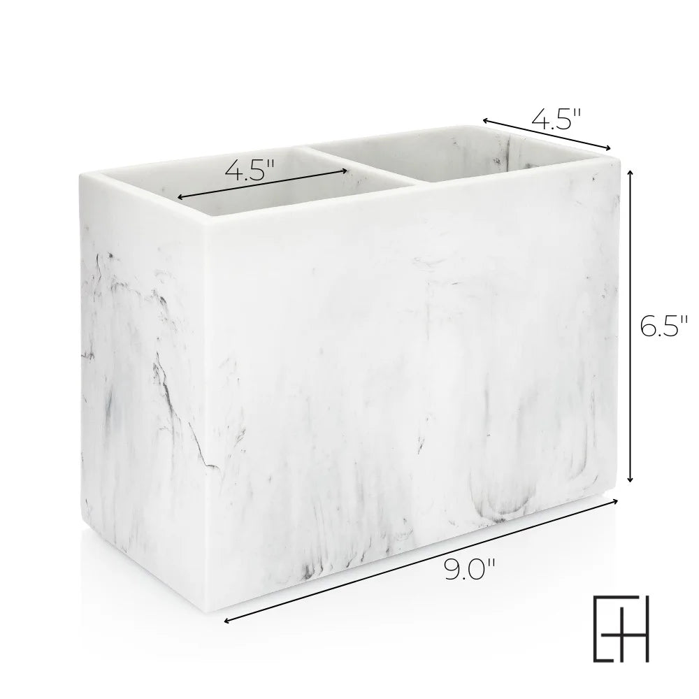 White Marble Rectangular Utensil Holder with Two Compartments X32808