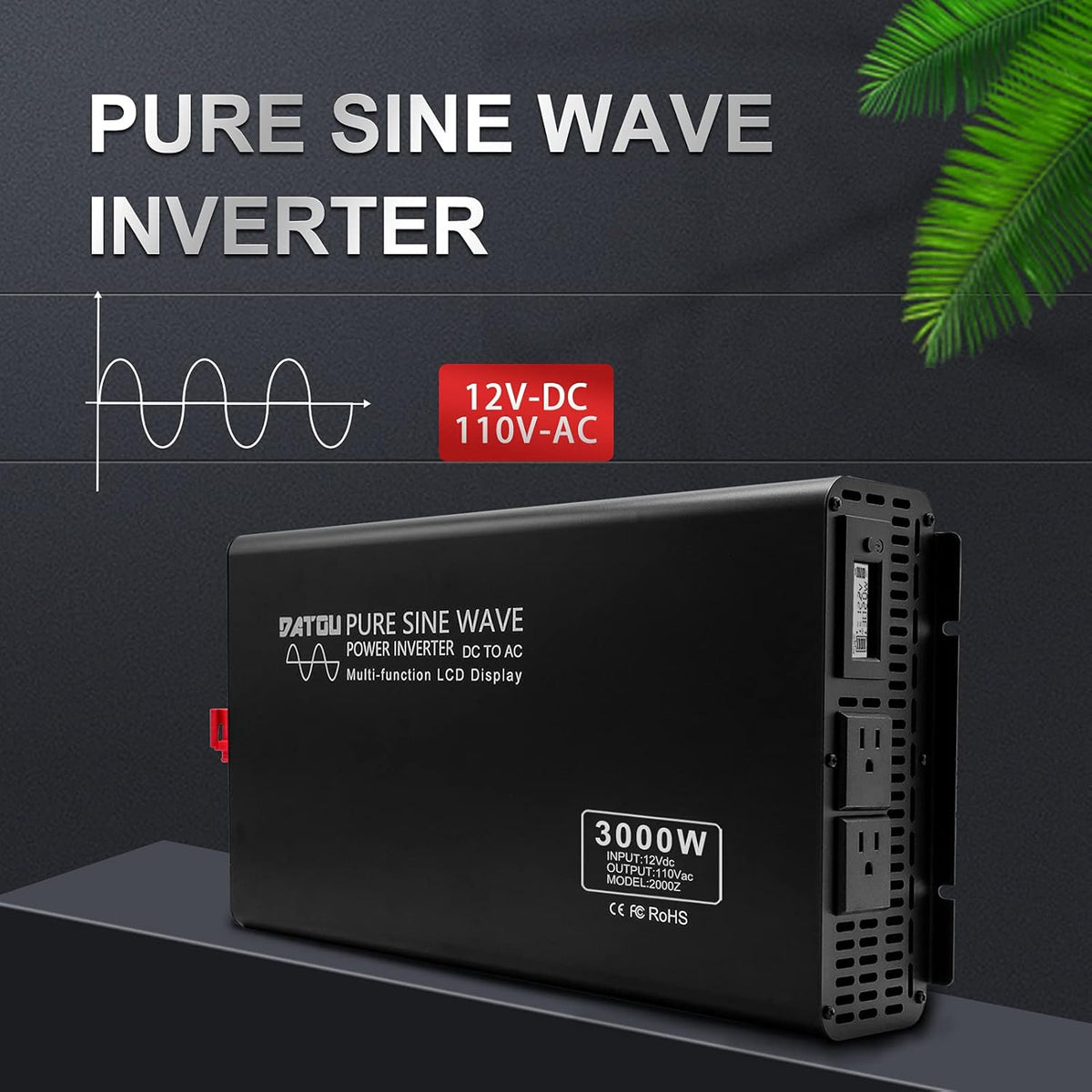 3000W Pure Sine Wave Power Inverter 12V DC to 110V AC Dual AC Outlets LED Display U73143