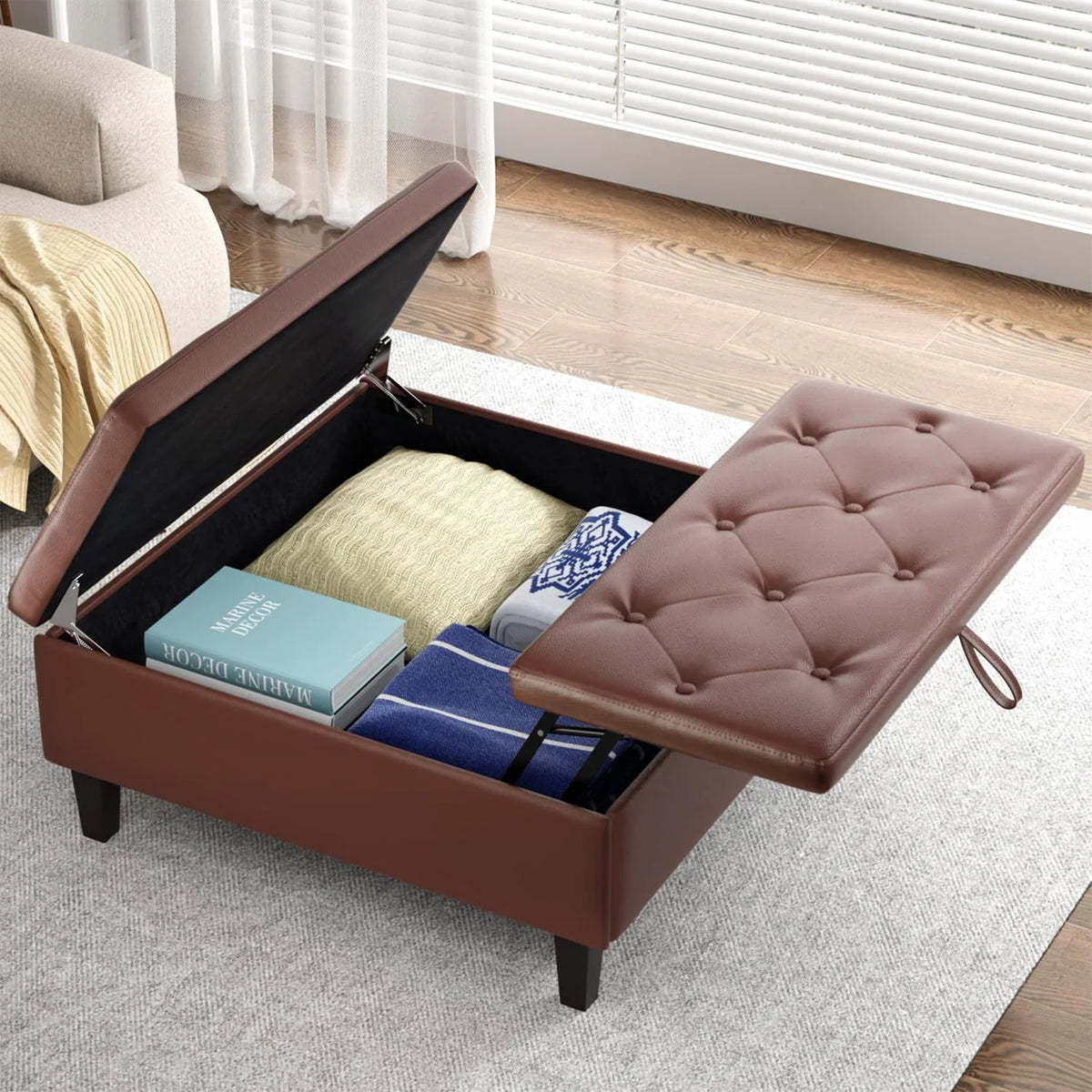 Dark Brown Faux Leather Square Storage Ottoman T256