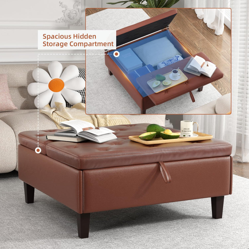 Dark Brown Faux Leather Square Storage Ottoman T256