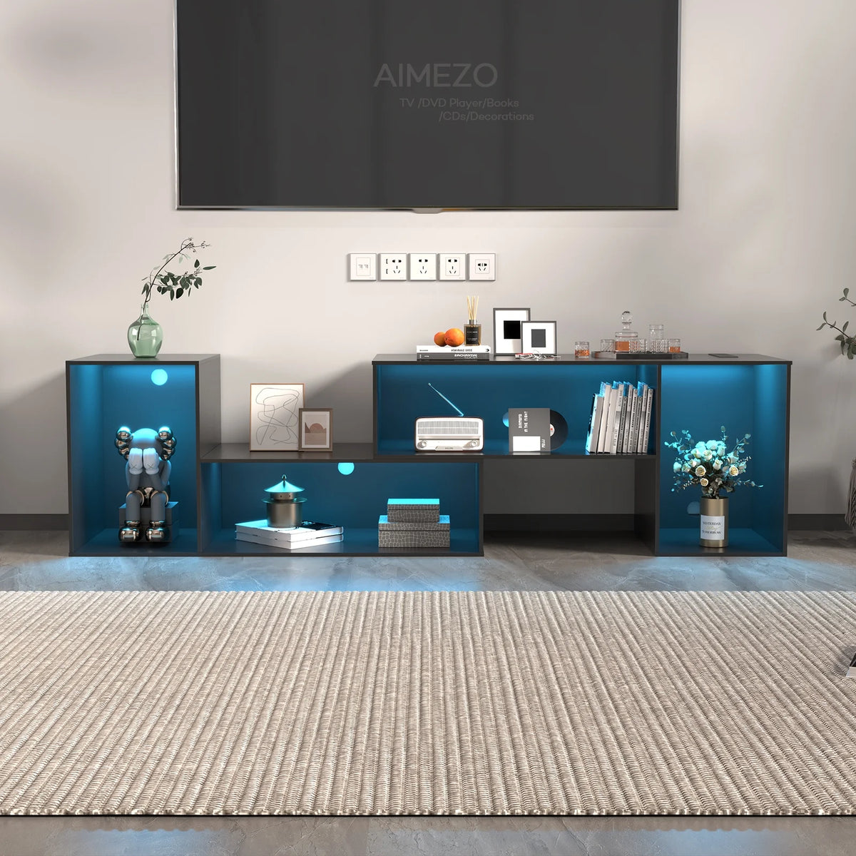 Black TV Stand with Power Strip and Storage Shelves P5149