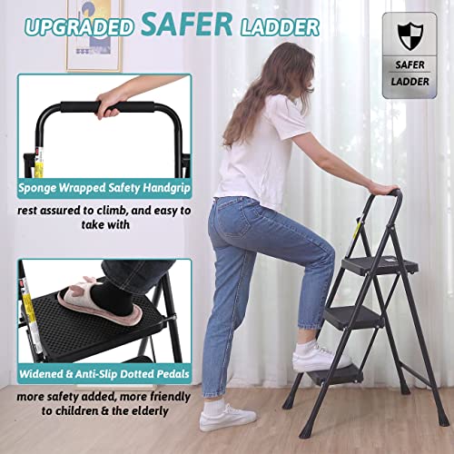 3 Step Folding Steel Step Ladder with Handgrip, 500 Lbs, Black C729