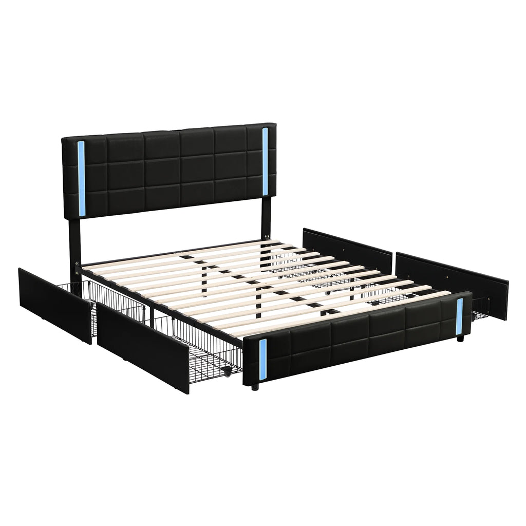 Queen Size Upholstered Platform Bed with LED Lights and USB Charging, Storage Bed with 4 Drawers, Black P742