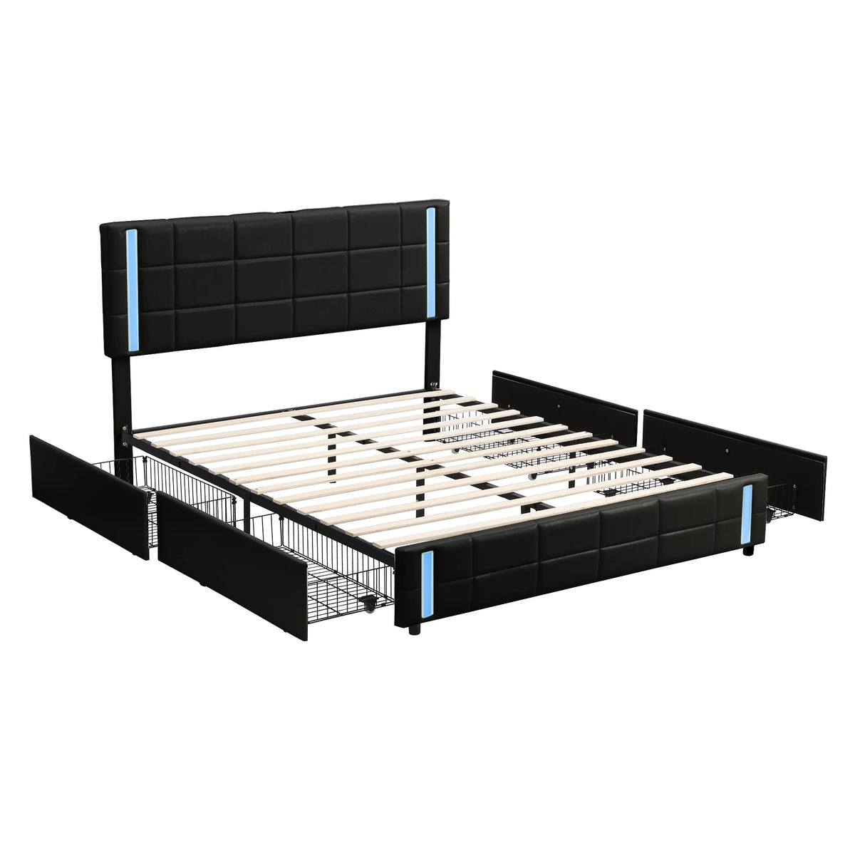 Queen Size Upholstered Platform Bed with LED Lights and USB Charging, Storage Bed with 4 Drawers, Black P742