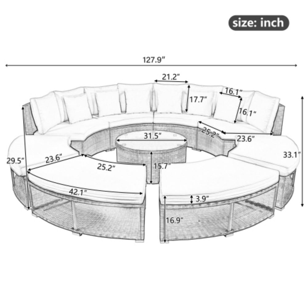9-Piece Rattan Wicker Outdoor Sofa Set with Tempered Glass Coffee Table H5284