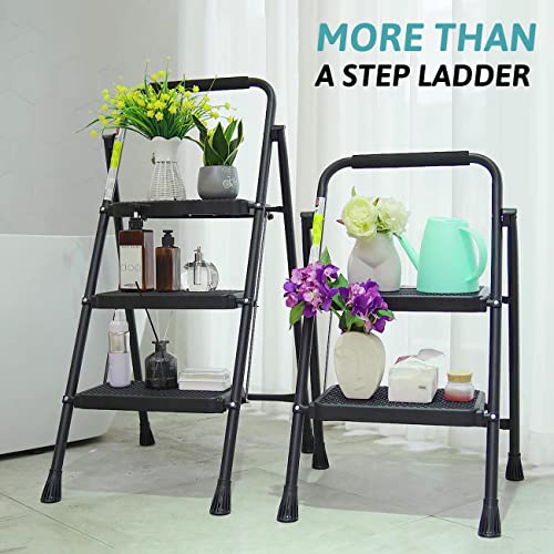 3 Step Folding Steel Step Ladder with Handgrip, 500 Lbs, Black C729