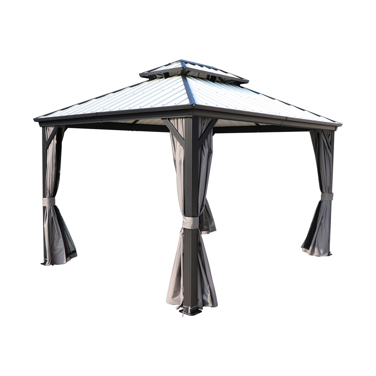 Grey Hardtop Gazebo with Steel Roof, Netting and Curtain 10' x 12' C66074