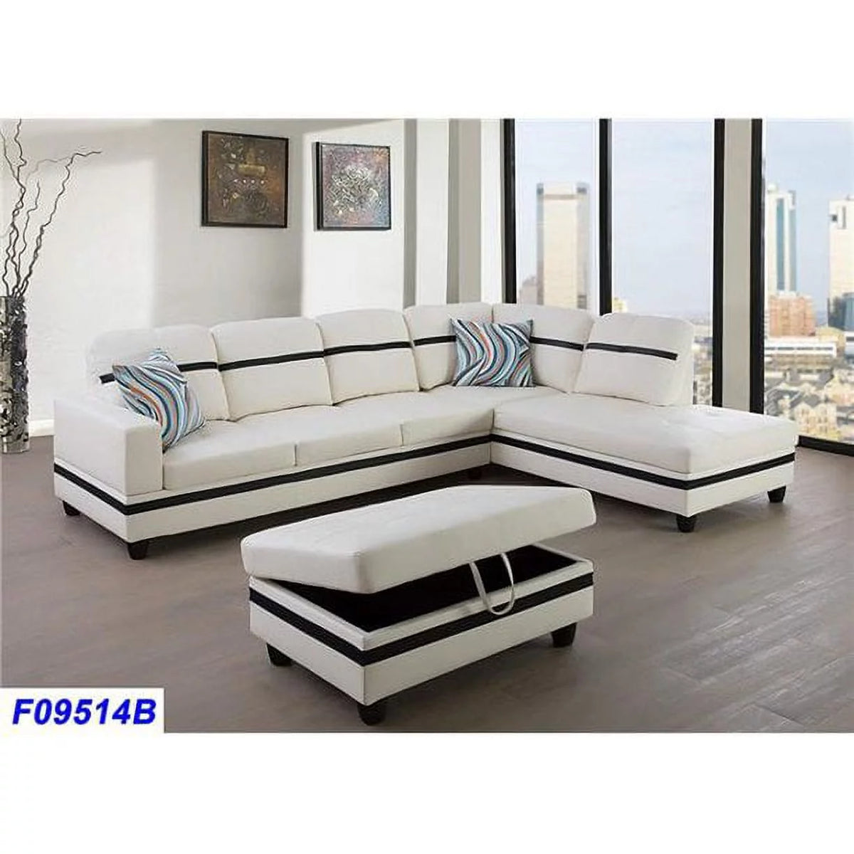 White Faux Leather Left Hand Facing Sofa & Chaise with Ottoman Z666172