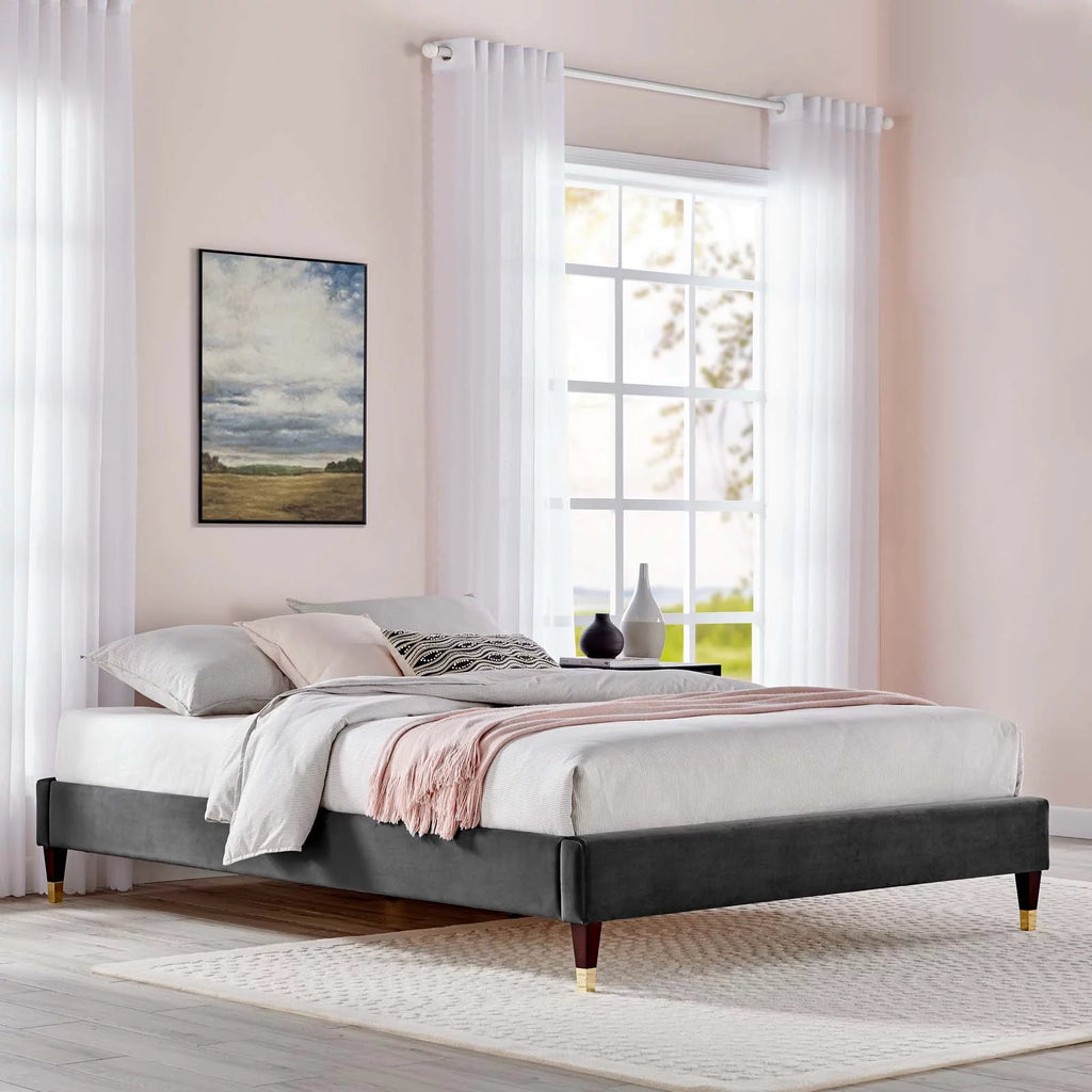 Queen Performance Velvet Platform Bed Frame in Charcoal F4633