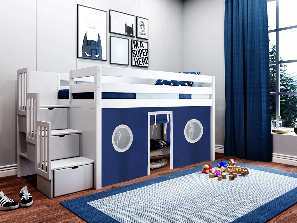 Contemporary Low Loft Twin Bed with 3 Drawer Stairway E9844