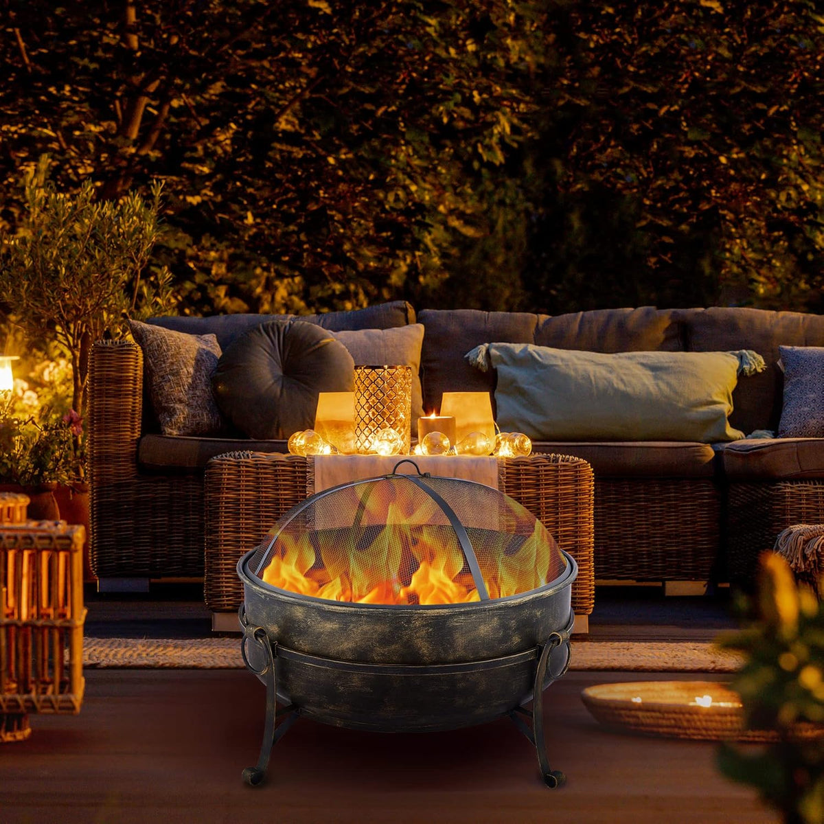 31-Inch Round Wood Burning Fire Pit with Metal Grate, Screen, Poker O71024