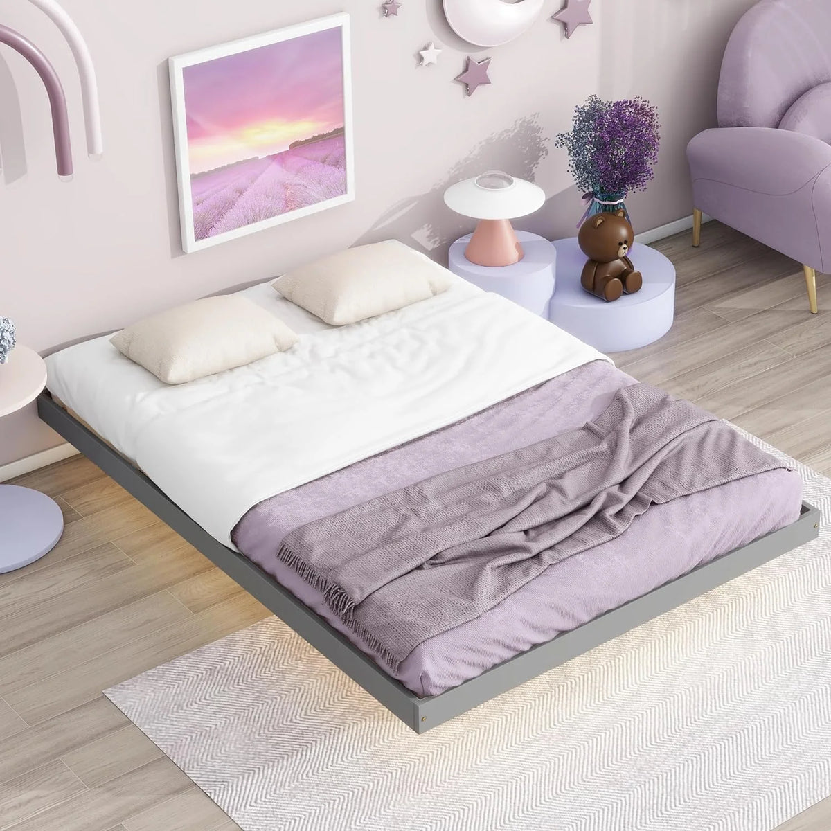 Full Size Gray Floating Platform Bed with LED Lights A969008
