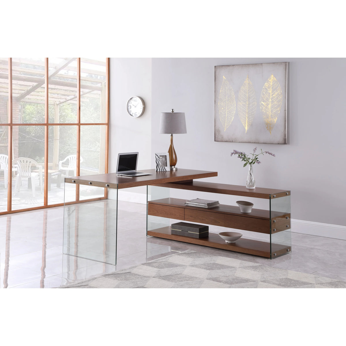 Rotatable Wooden Desk with 3 Drawers and 3 Shelves L896154