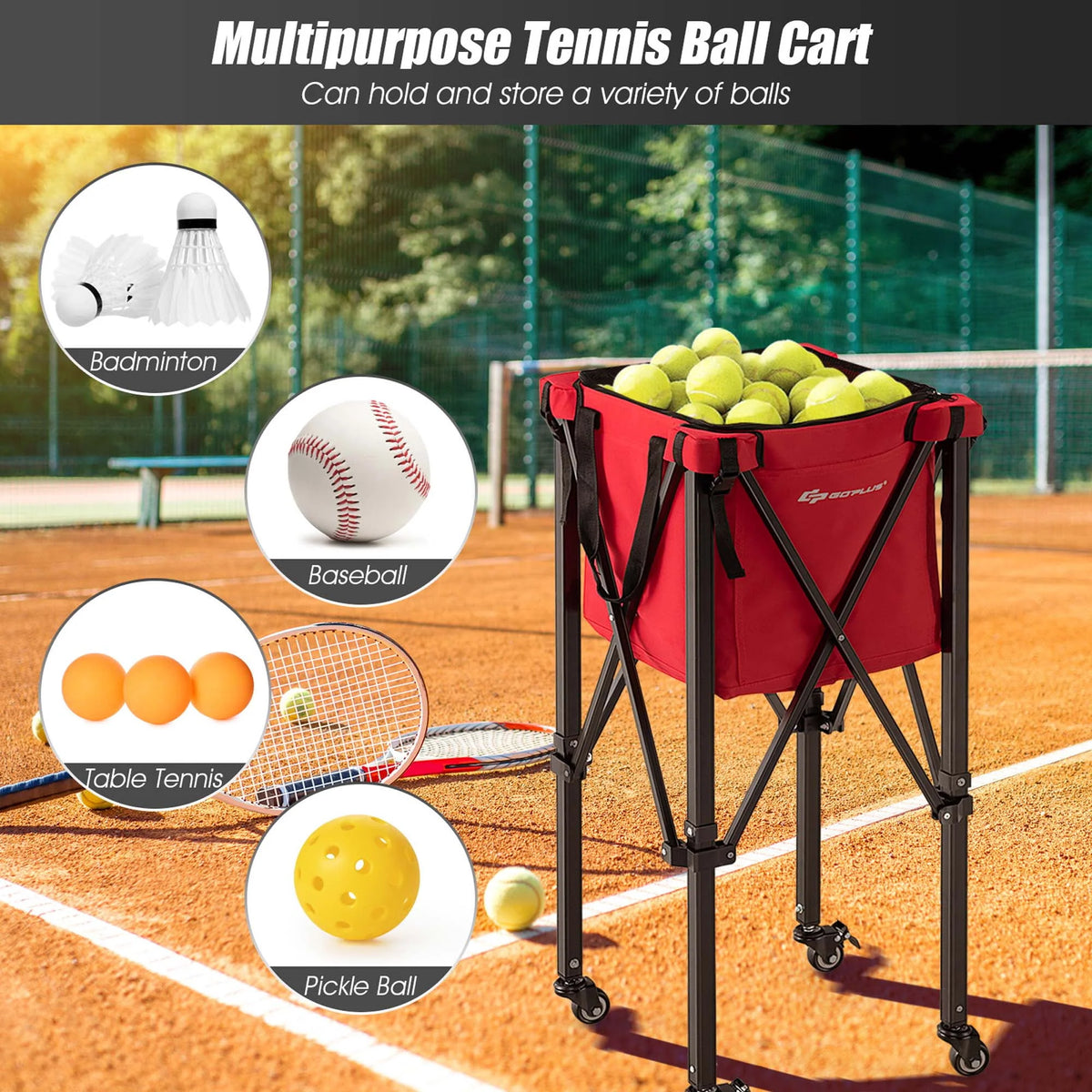 Foldable Tennis Ball Hopper Basket with Wheels & Bag Blue L3414